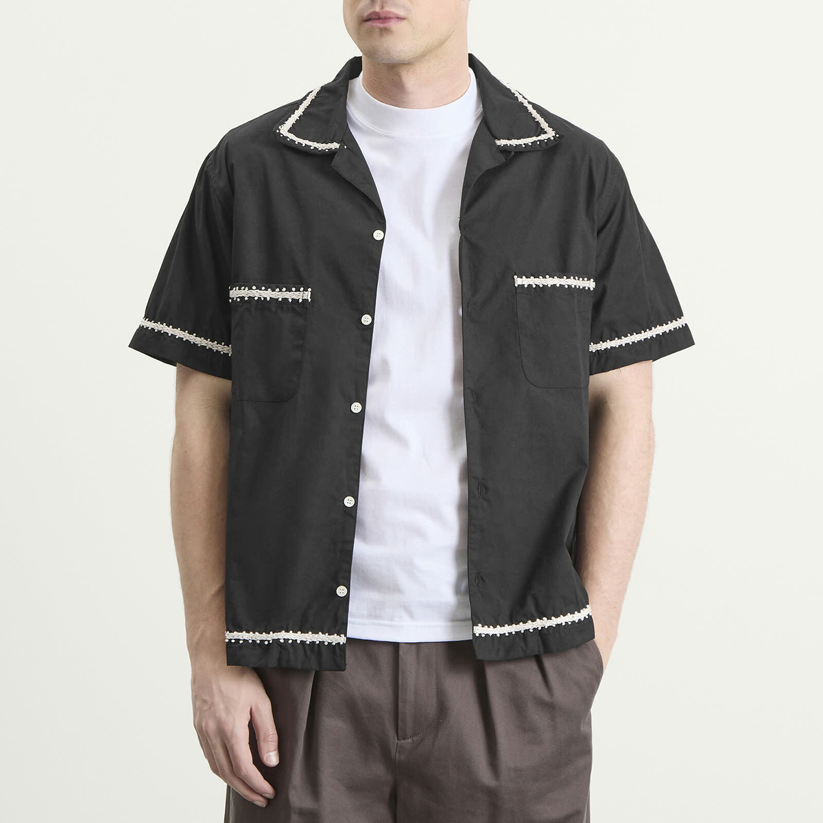 NOMARHYTHM TEXTILE Men's Trim Embroidery Open Collar Shirt in Black