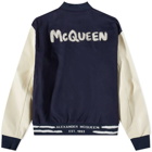 Alexander McQueen Men's Grafitti Back Logo Souvenir Jacket in Navy/Ivory