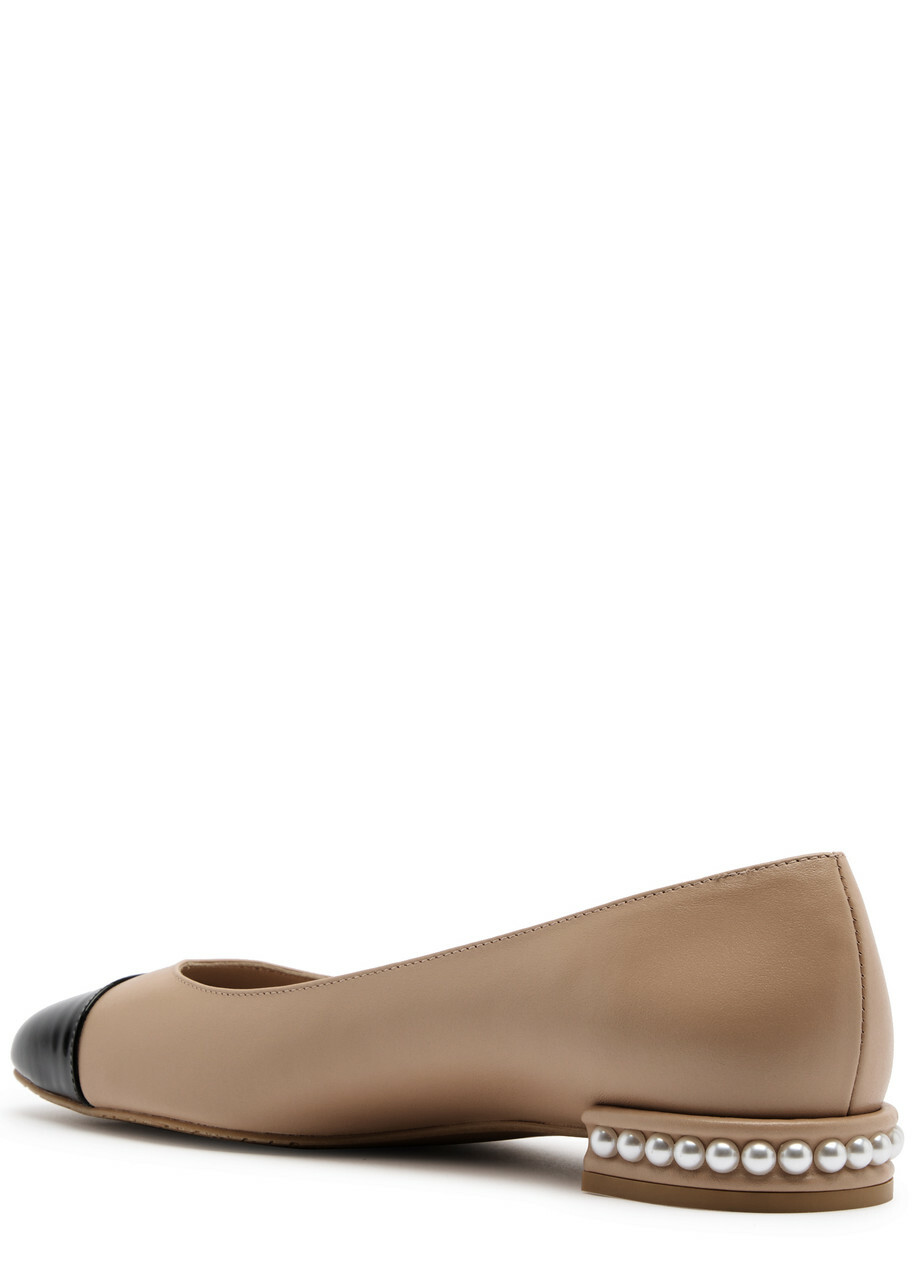 Stuart Weitzman Pearl-embellished Leather Ballet Flats Beige