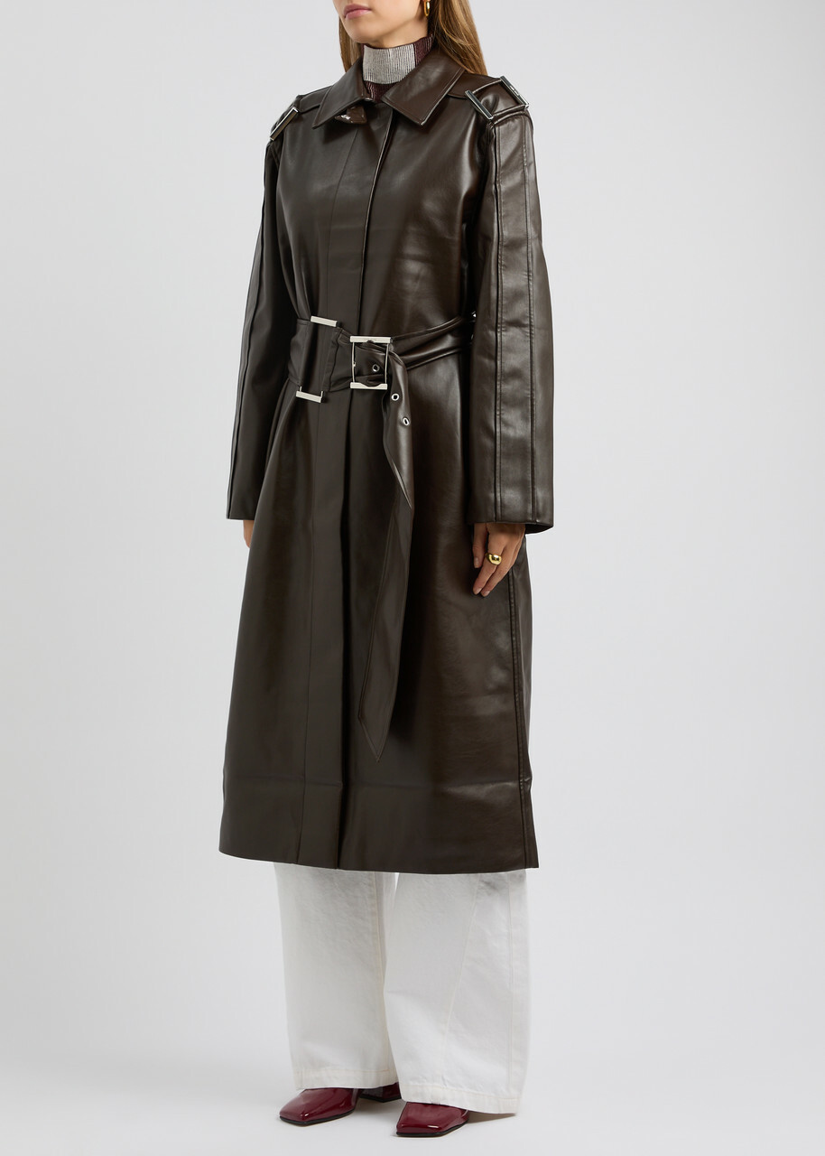 Stine Goya Belted Faux Leather Trench Coat Chocolate