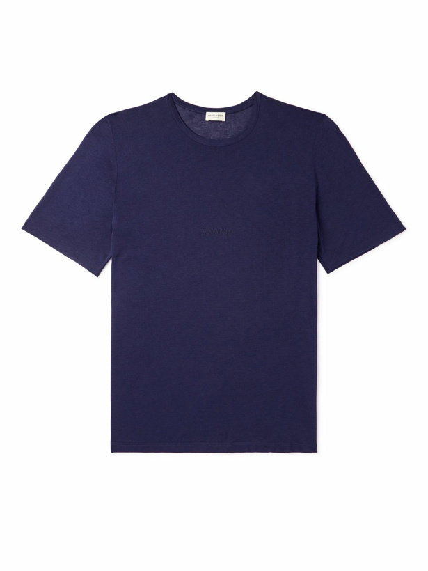 Photo: SAINT LAURENT - Logo-Embroidered Jersey T-Shirt - Blue