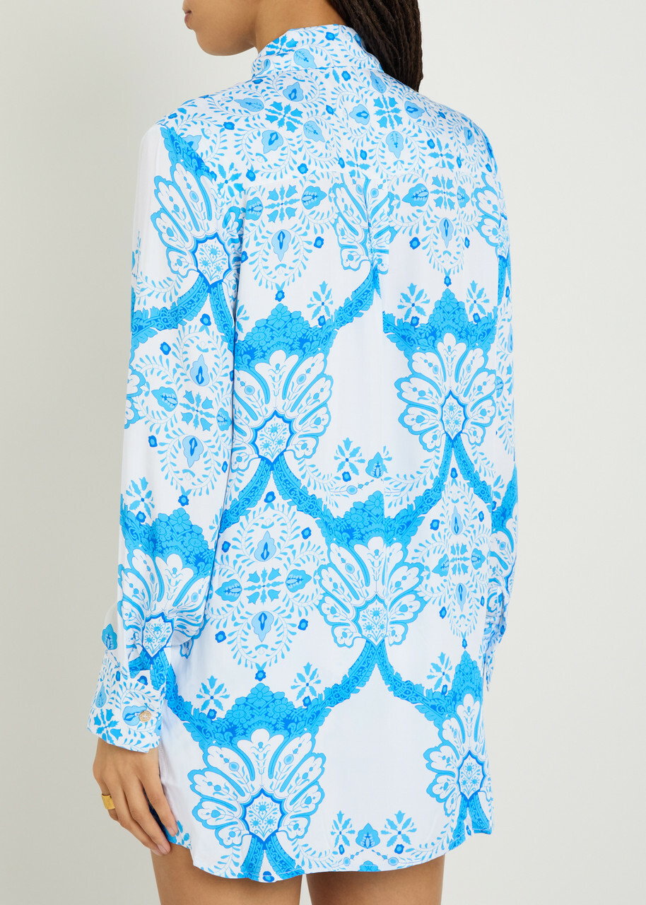 Melissa Odabash Paige Printed Woven Cover-up Shirt Blue And White
