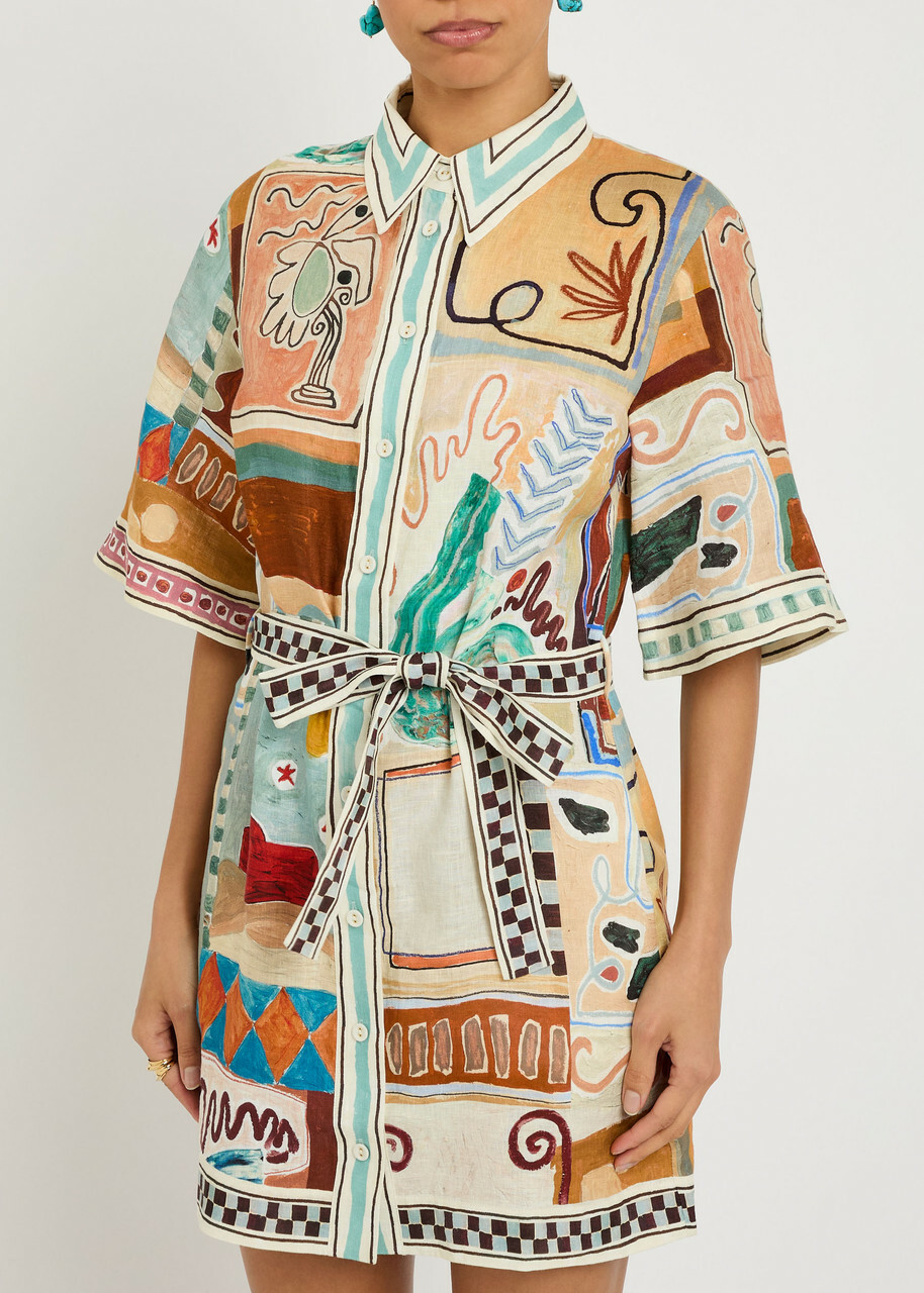 Alemais Michelle Printed Belted Linen Mini Shirt Dress Multicoloured