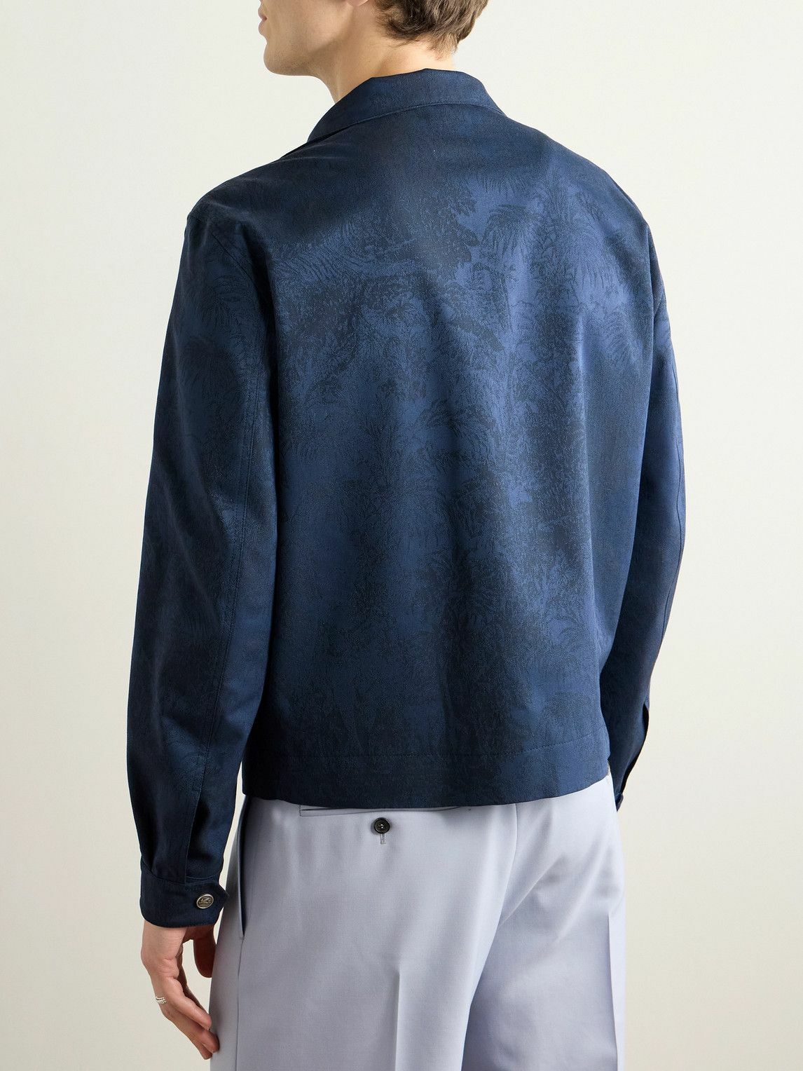Etro - Leather-Trimmed Cotton and Wool-Blend Jacquard Bomber Jacket - Blue