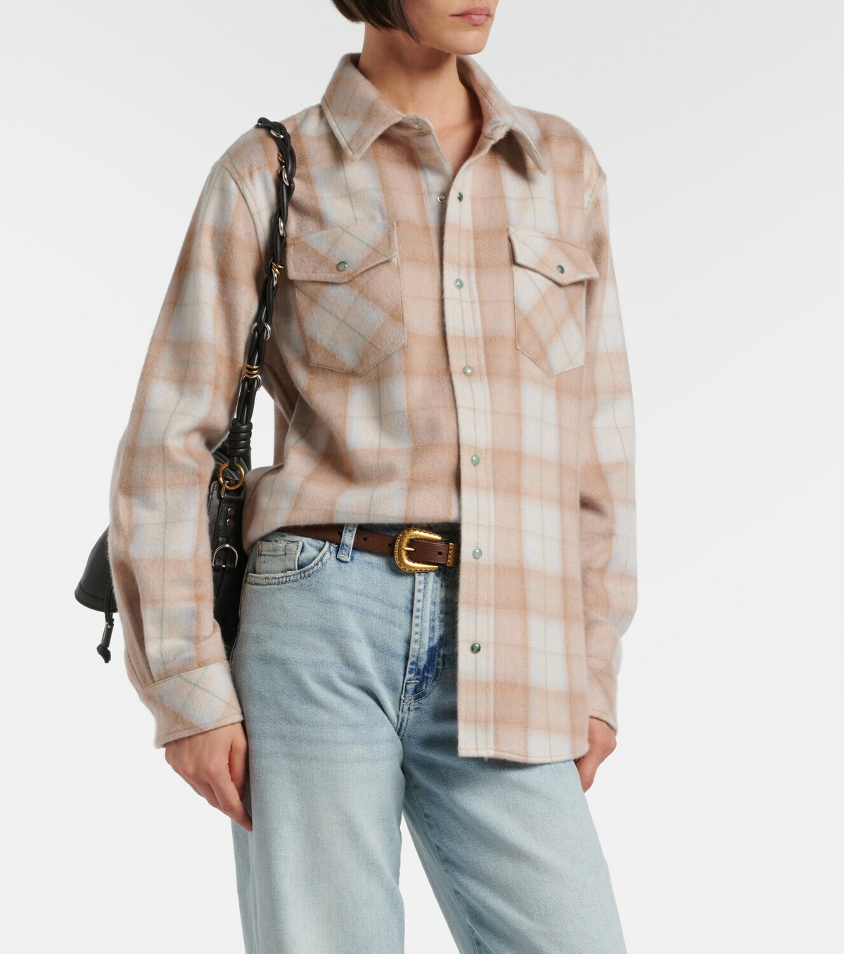 God's True Cashmere Champagne Tartan cashmere shirt with emerald