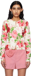 Blumarine Off-White & Pink Peony-Printed Viscose Cardigan