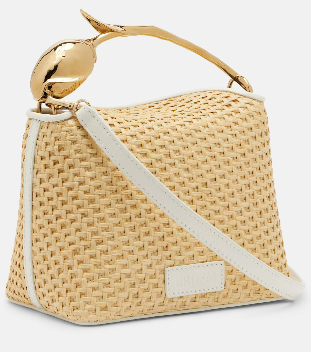 Erdem Bloom Mini leather-trimmed raffia top-handle bag