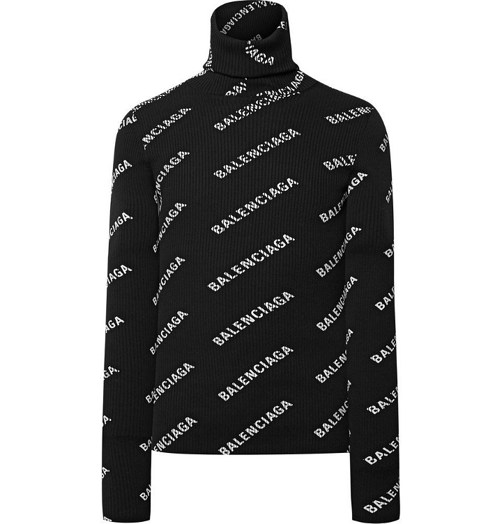 Photo: Balenciaga - Slim-Fit Logo-Print Ribbed-Knit Hooded Rollneck Sweater - Men - Black