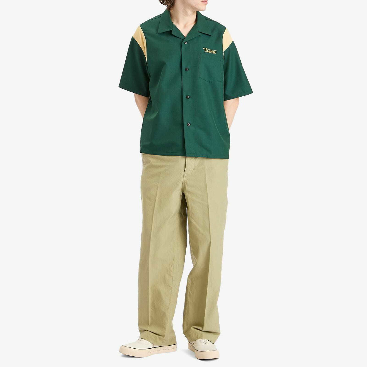 Visvim Men's Wide Leg Chino Trousers in Light Green Visvim