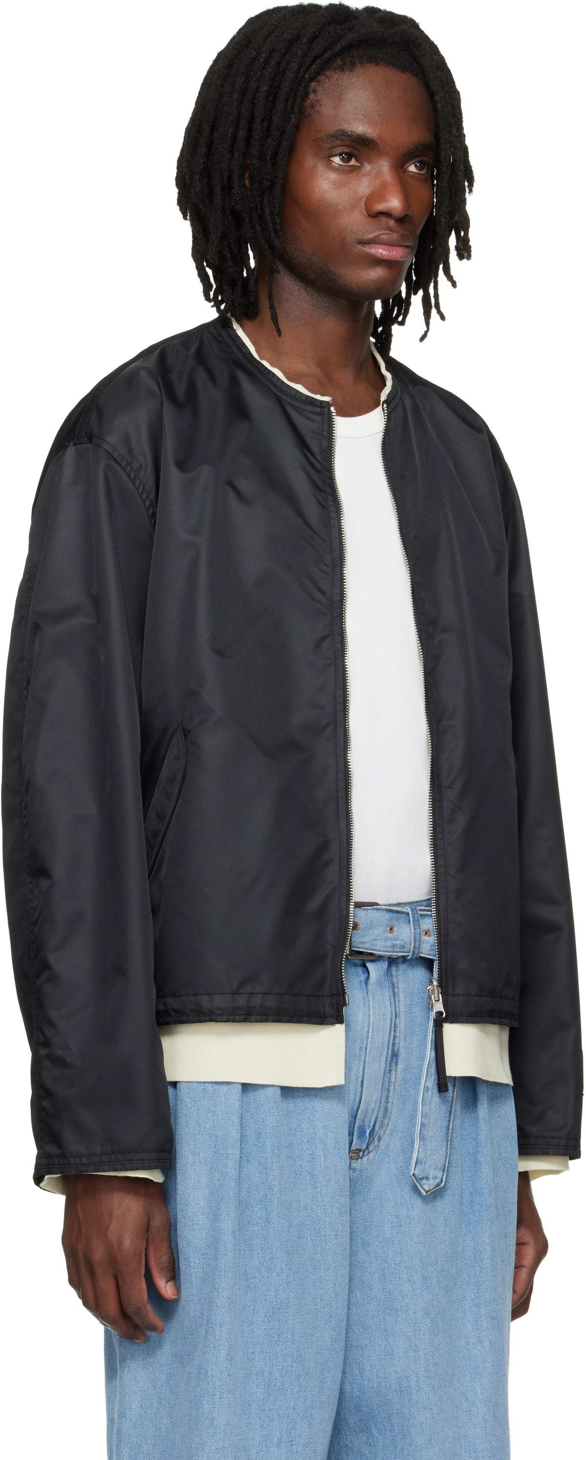 Solid Homme Black Layered Collarless Reversible Bomber Jacket