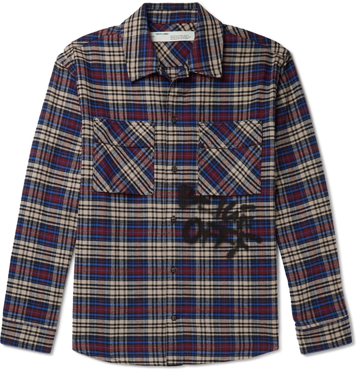 Photo: Off-White - Logo-Print Checked Cotton-Blend Flannel Shirt - Blue