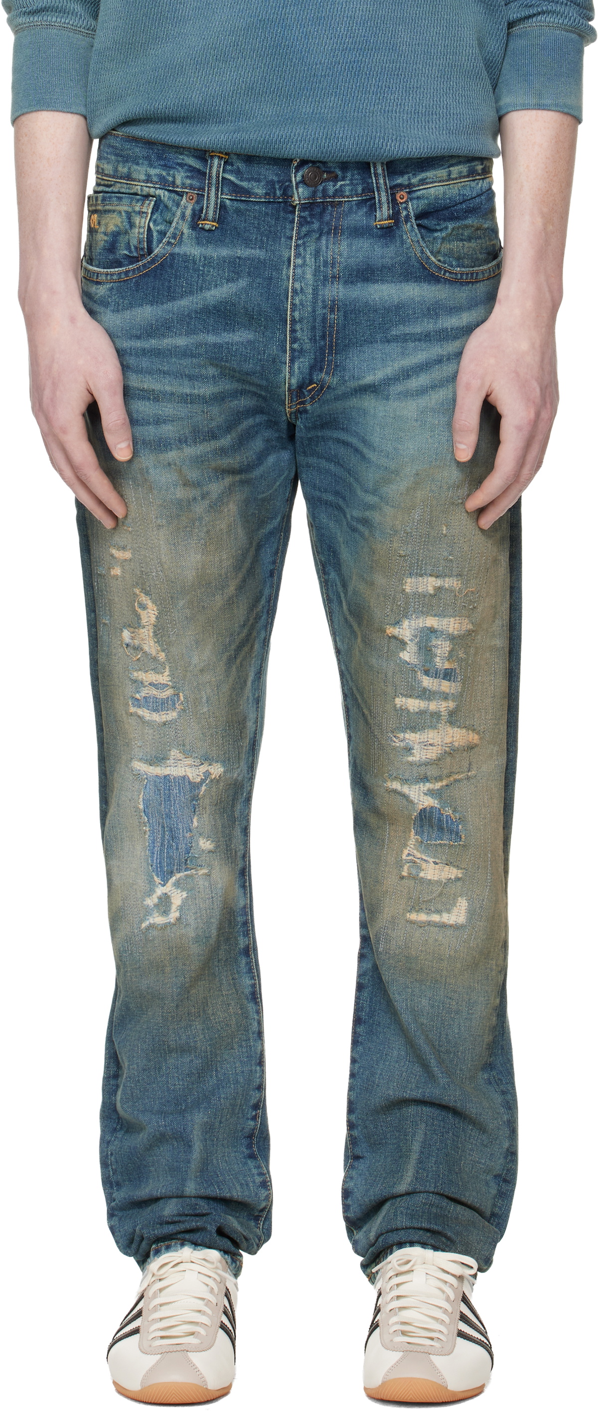RRL Blue High Slim Brannon Distressed Jeans