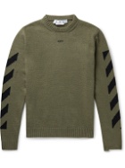 Off-White - Distressed Logo-Jacquard Cotton-Blend Sweater - Green