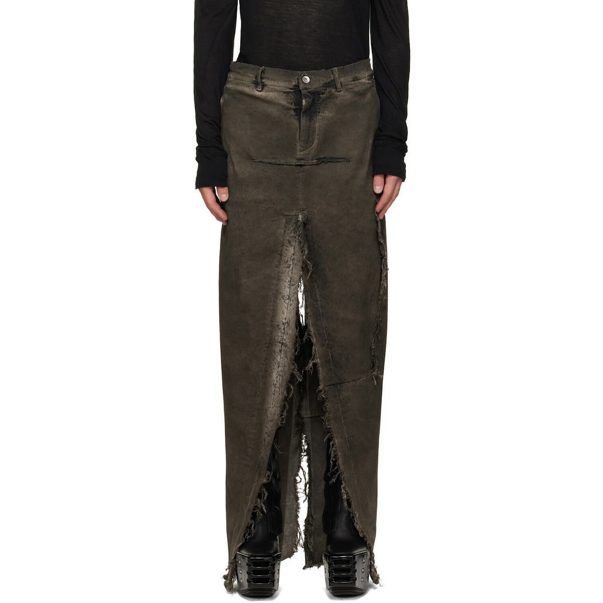 Rick Owens Gray Tower Sliced Denim Maxi Skirt