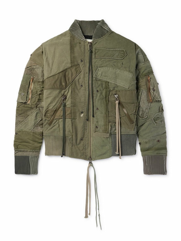 Photo: Greg Lauren - Mixed Army Flight Patchwork Button-Embellished Cotton Zip-Up Jacket - Green