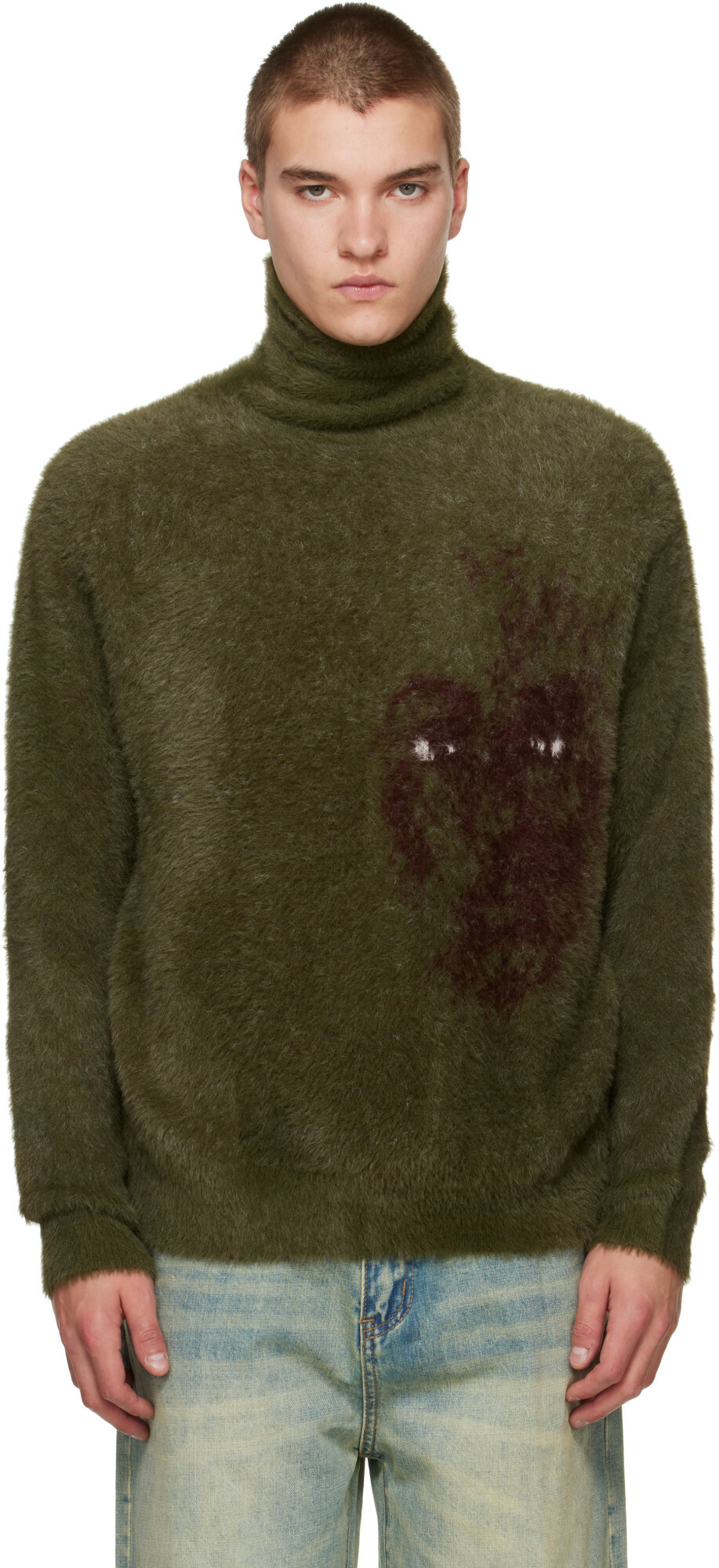 KidSuper Green Fuzzy Knit 'Hatched Face' Turtleneck