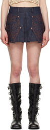 Andersson Bell Navy Embroidery Panel Pleated Denim Miniskirt