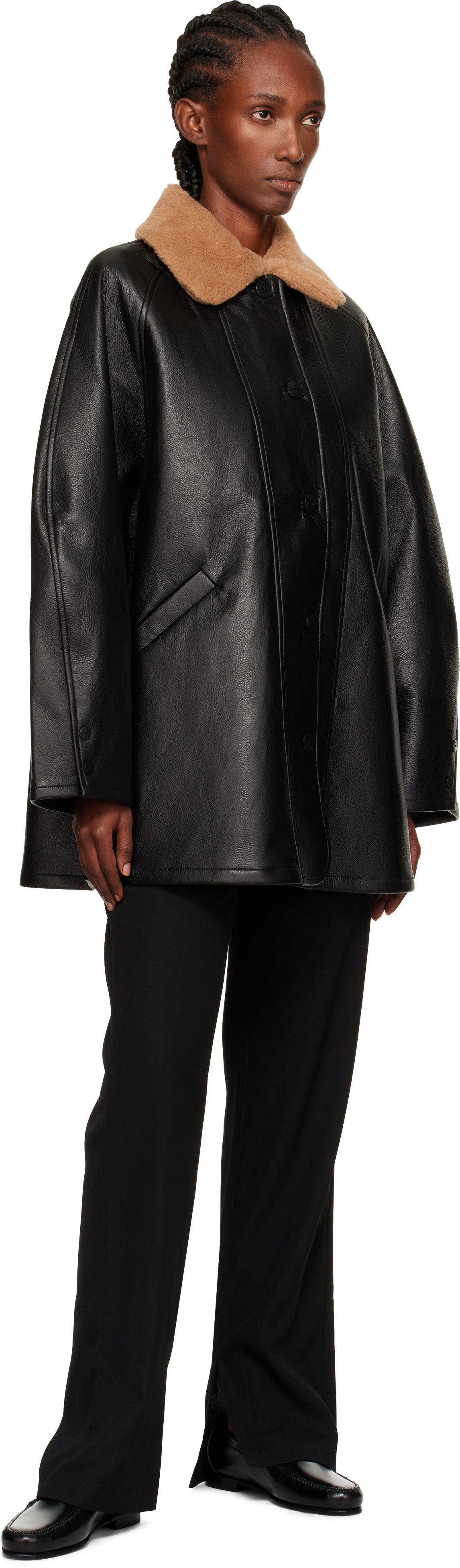 Cordera Black Aviator Midi Faux-Leather Coat