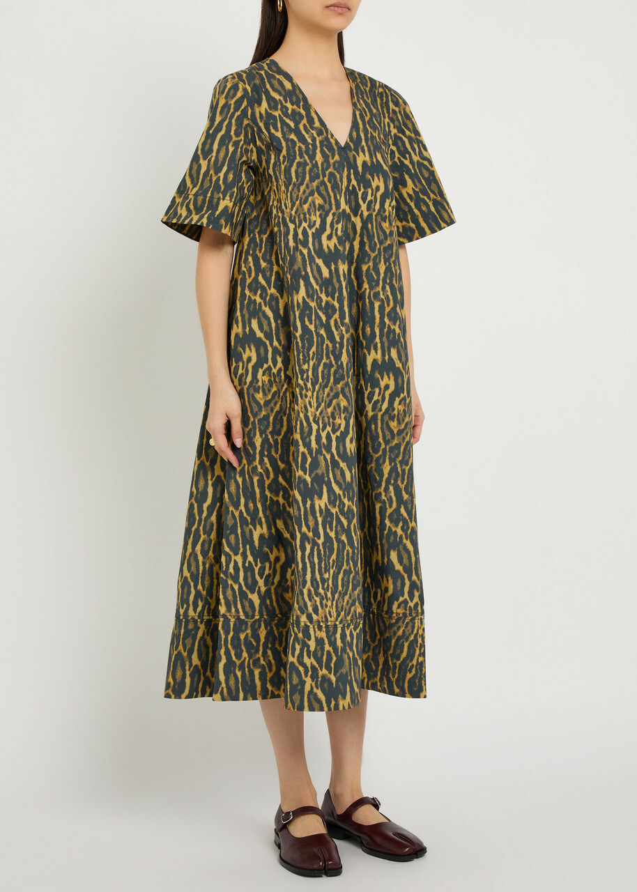Ganni Leopard Stretch-cotton Midi Dress Khaki