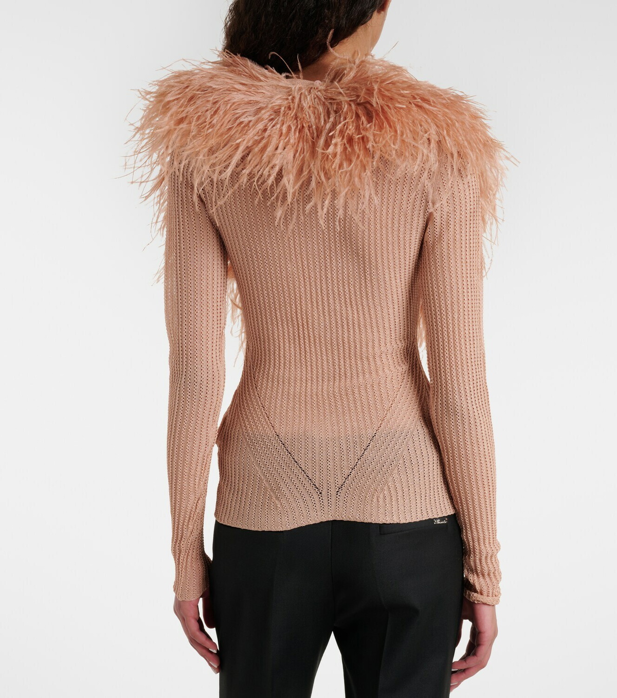 Blumarine Feather-trimmed ribbed-knit cardigan