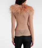Blumarine Feather-trimmed ribbed-knit cardigan
