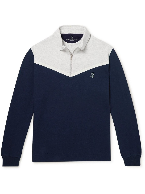 Photo: Brunello Cucinelli - Colour-Block Cotton-Blend Jersey Half-Zip Sweatshirt - Blue