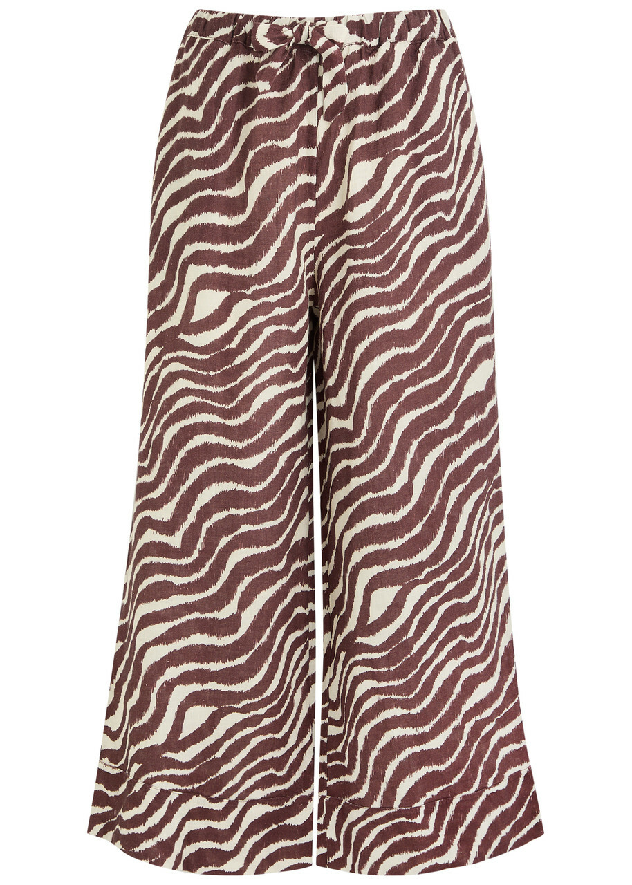 Desmond & Dempsey Tide Zebra-print Linen Trousers Brown