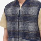 Universal Works Men's Check Wool Fleece Zip Waistcoat in Navy/Grey