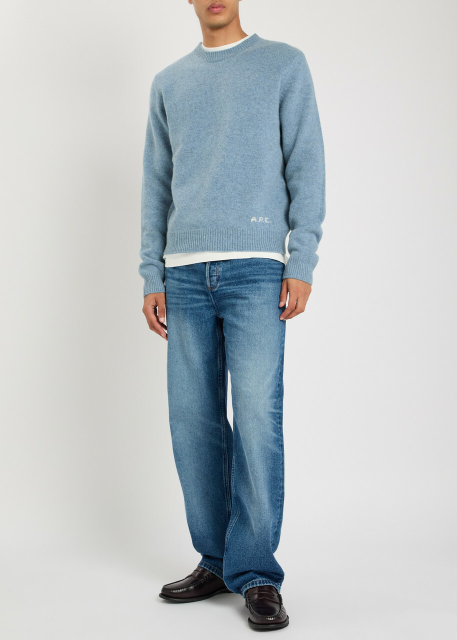 A.P.C. Logo-intarsia Mélange-knit Jumper Blue