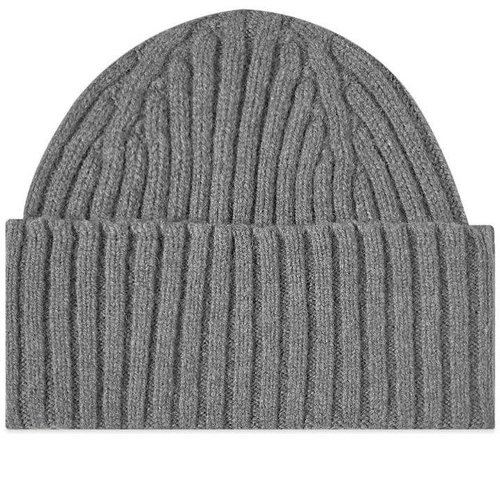 Photo: Drake's Men's Ribbed Knit Beanie in Grey Donegal