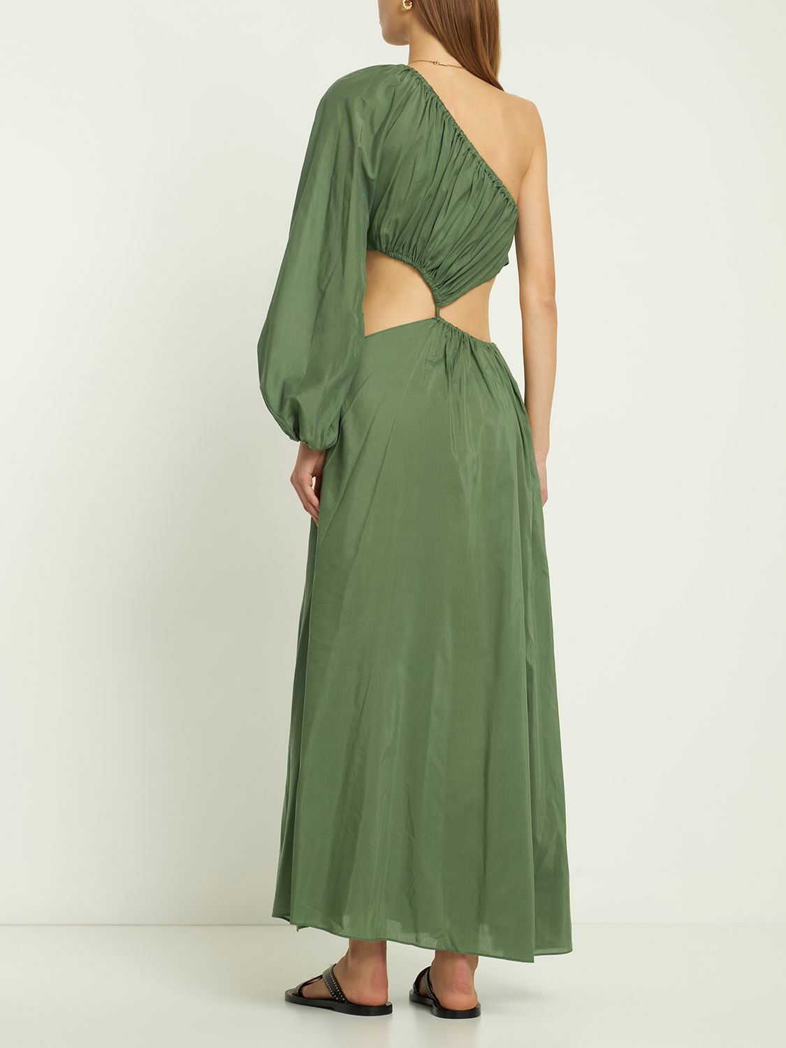matteau green shirred maxi dress Asymmetrical Single Shoulder Matteau Illusion Mesh