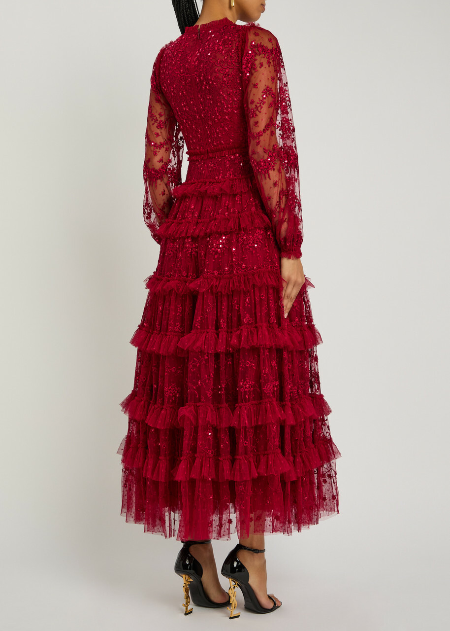 Needle & Thread Blossom Lace Floral Sequin-embellished Tulle Gown Red