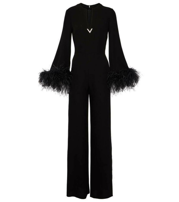 Photo: Valentino Feather-trimmed V-neck silk jumpsuit