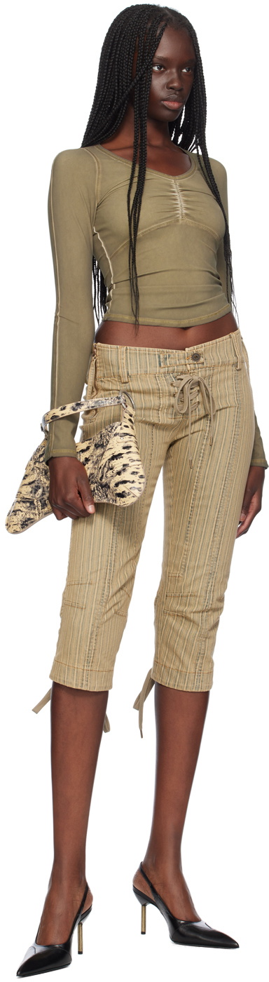 KNWLS Khaki & Beige Striped Capri Denim Shorts
