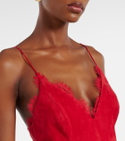 Alex Perry Lace-trimmed suede midi dress
