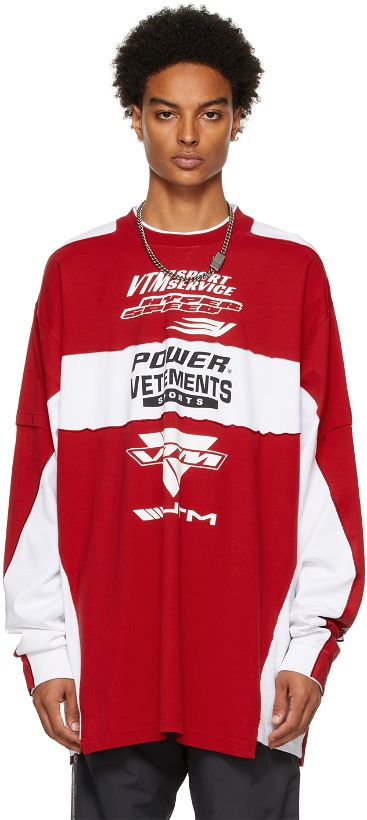Photo: VETEMENTS Red & White Motocross Patched Logo Long Sleeve T-Shirt