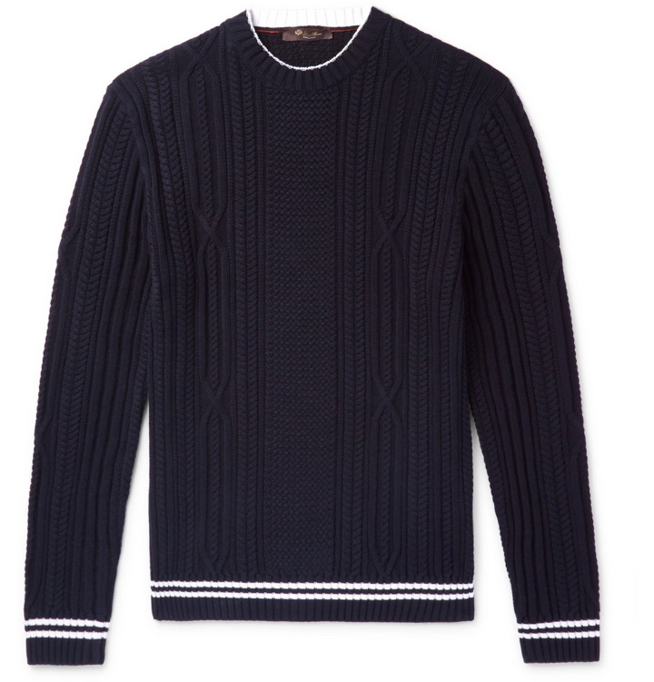 Photo: Loro Piana - Slim-Fit Striped Cable-Knit Cotton and Cashmere-Blend Sweater - Blue