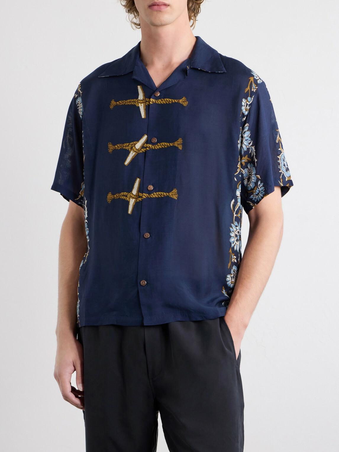 KAPITAL - Toggle & Maille Convertible-Collar Printed Woven Shirt - Blue