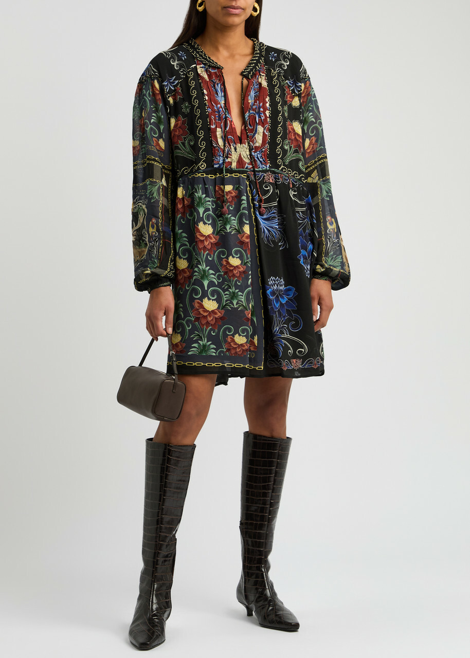 Farm Rio Patchwork-print Georgette Mini Dress Black