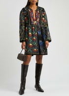 Farm Rio Patchwork-print Georgette Mini Dress Black