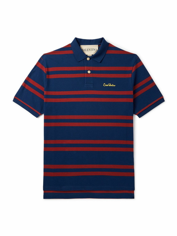 Photo: Valentino Garavani - Chez Valentino Logo-Embroidered Striped Cotton-Piqué Polo Shirt - Blue