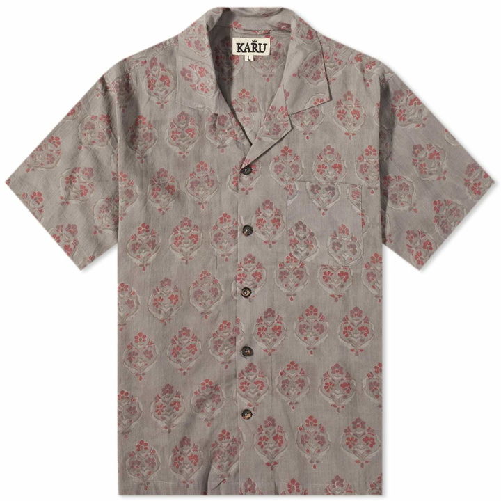 Photo: Karu Research Men's Block Printed Vacation Shirt in Olive/Pink/White