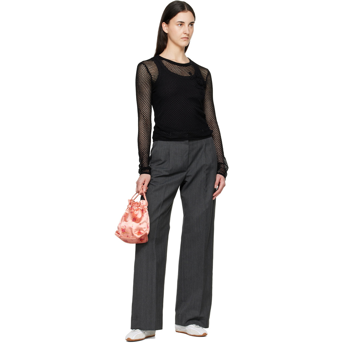 GANNI Black Mercerized Cotton Mesh Pointelle Longsleeve T-shirt