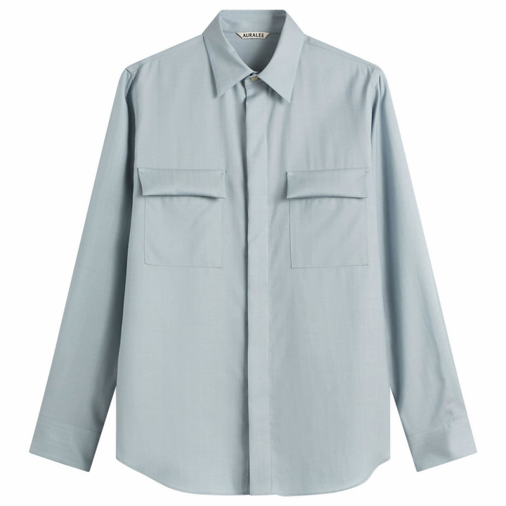 Photo: Auralee Women's Wool Herringbone Overshirt in Dusty Blue
