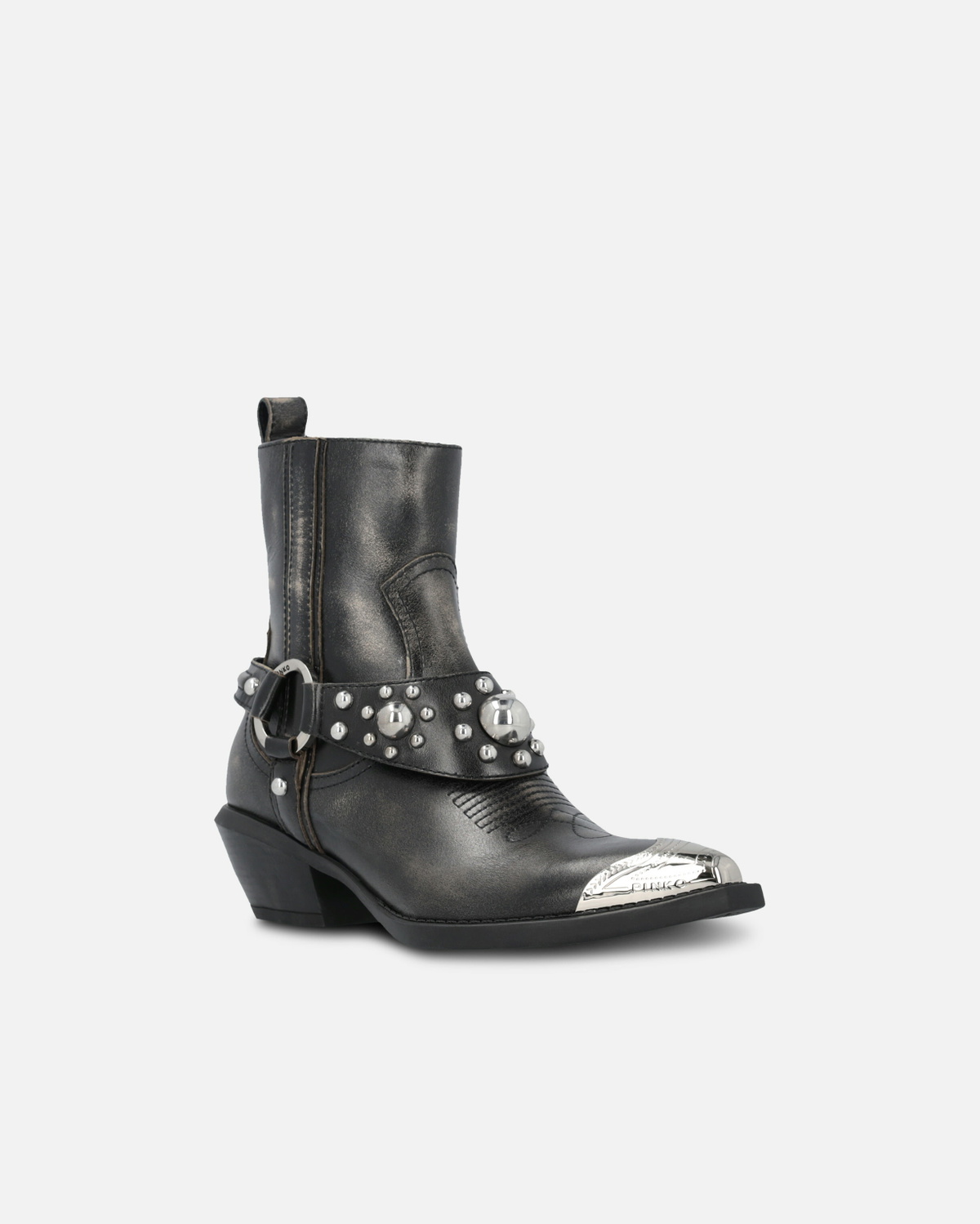 Pinko Ankle Cowboy Boots In Distressed Leather With A Metal Toe Cap Limo Black