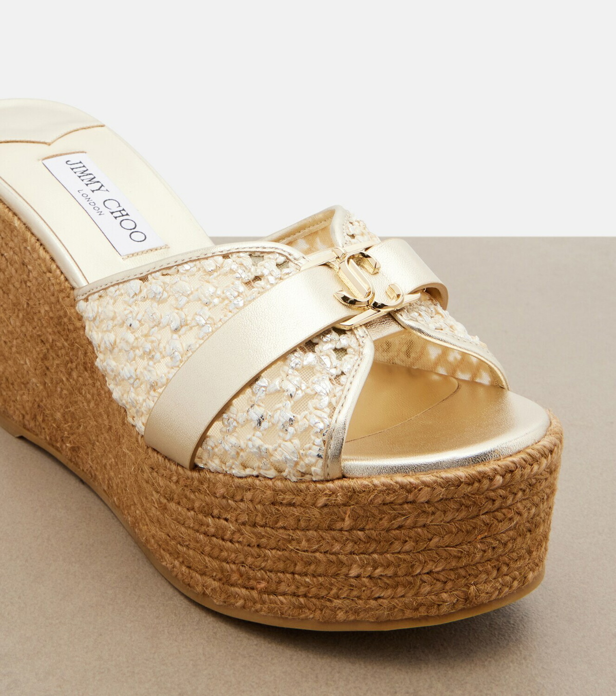 Jimmy Choo Leda raffia-trimmed leather wedge espadrilles