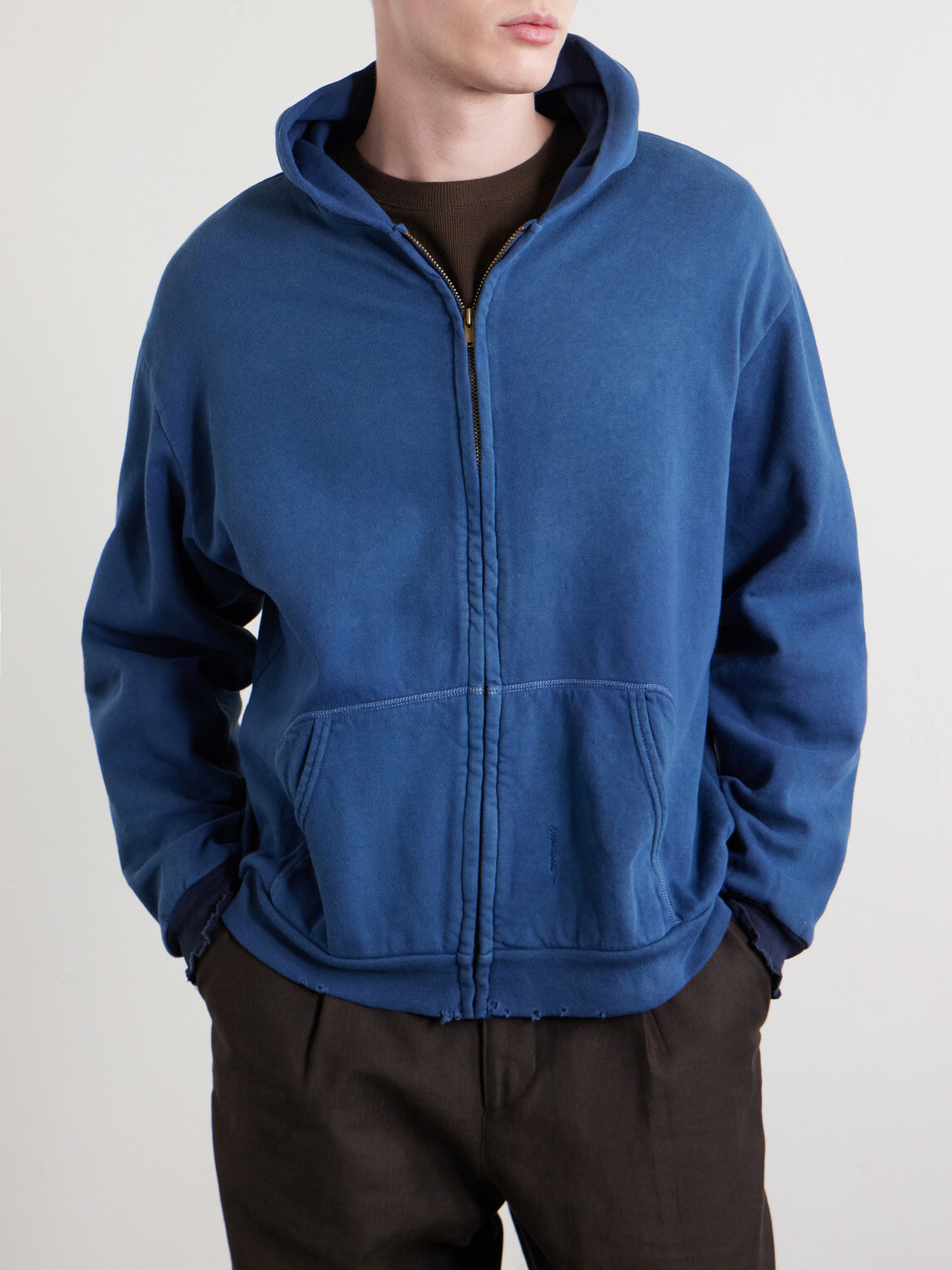 A.PRESSE - Distressed Cotton-Jersey Zip-Up Hoodie - Blue