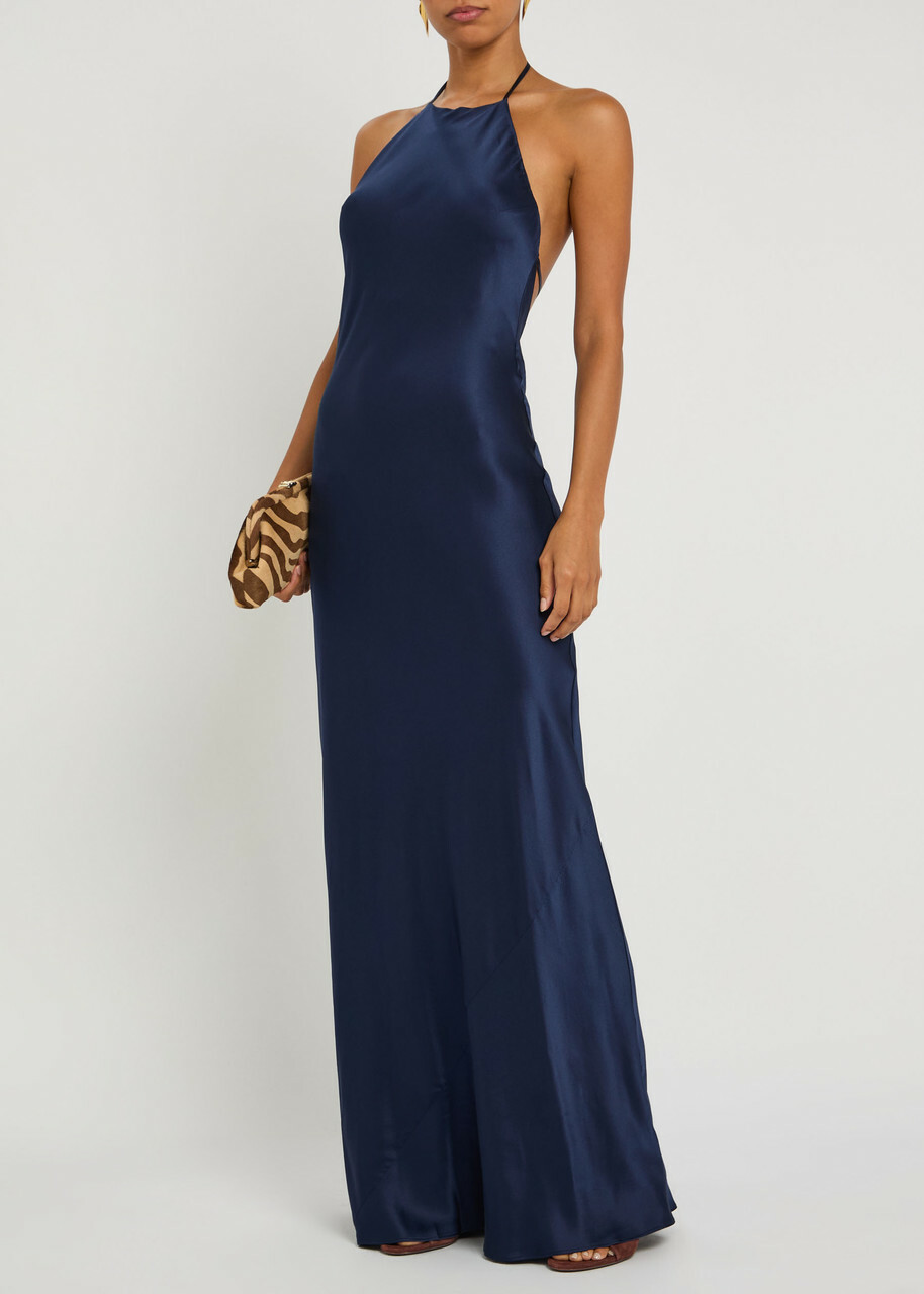 Reformation Jeany Halterneck Silk Gown Navy