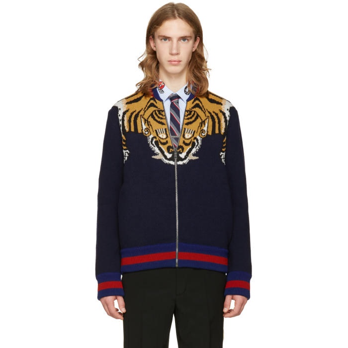 Photo: Gucci Navy Tiger Zip-Up Sweater