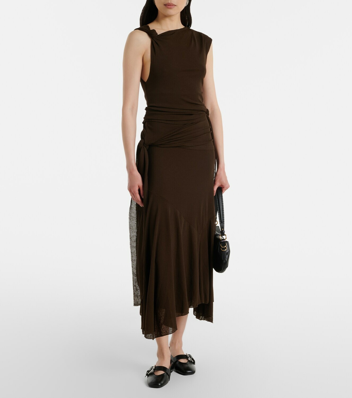 Ganni Asymmetric draped mesh midi dress